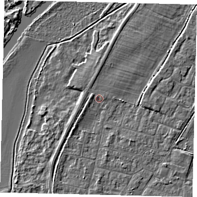 Shaded relief map of the ground around PE191RU, computed from Environment Agency LiDAR. The ground here sits at about 15 m above sea level and falls 3 m across the surrounding 800 m. Surface water reaching this point runs off ground lying to the south-west, 1.5 m higher.