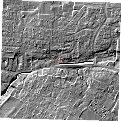 Shaded relief map of the ground around PE191SA, computed from Environment Agency LiDAR. The ground here sits at about 17 m above sea level and falls 12 m across the surrounding 800 m. Surface water reaching this point runs off ground lying to the north-east, 10.6 m higher.