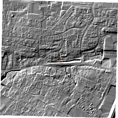 Shaded relief map of the ground around PE191SD, computed from Environment Agency LiDAR. The ground here sits at about 17 m above sea level and falls 13 m across the surrounding 800 m. Surface water reaching this point runs off ground lying to the north-east, 11.5 m higher.