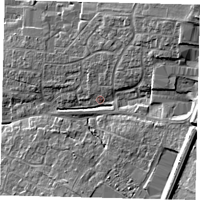 Shaded relief map of the ground around PE191SP, computed from Environment Agency LiDAR. The ground here sits at about 18 m above sea level and falls 15 m across the surrounding 800 m. Surface water reaching this point runs off ground lying to the east-south-east, 12.1 m higher.