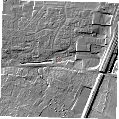 Shaded relief map of the ground around PE191SR, computed from Environment Agency LiDAR. The ground here sits at about 17 m above sea level and falls 15 m across the surrounding 800 m. Surface water reaching this point runs off ground lying to the north-east, 12.4 m higher.