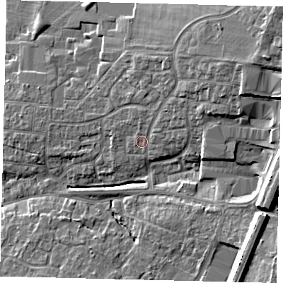 Shaded relief map of the ground around PE191SS, computed from Environment Agency LiDAR. The ground here sits at about 19 m above sea level and falls 15 m across the surrounding 800 m. Surface water reaching this point runs off ground lying to the north-east, 8.7 m higher.
