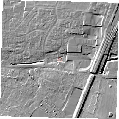 Shaded relief map of the ground around PE191UB, computed from Environment Agency LiDAR. The ground here sits at about 18 m above sea level and falls 15 m across the surrounding 800 m. Surface water reaching this point runs off ground lying to the north-east, 12.6 m higher.