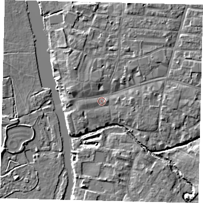Shaded relief map of the ground around PE192AA, computed from Environment Agency LiDAR. The ground here sits at about 15 m above sea level and falls 4 m across the surrounding 800 m. Surface water reaching this point runs off ground lying to the west, 1.3 m higher.
