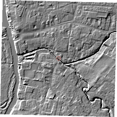 Shaded relief map of the ground around PE192AB, computed from Environment Agency LiDAR. The ground here sits at about 16 m above sea level and falls 6 m across the surrounding 800 m. Surface water reaching this point runs off ground lying to the east-south-east, 5.2 m higher.