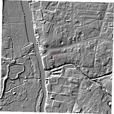 Shaded relief map of the ground around PE192AF, computed from Environment Agency LiDAR. The ground here sits at about 16 m above sea level and falls 5 m across the surrounding 800 m. Surface water reaching this point runs off ground lying to the north-west, 1.2 m higher.