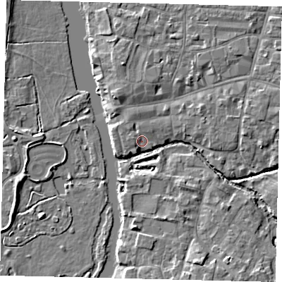 Shaded relief map of the ground around PE192AG, computed from Environment Agency LiDAR. The ground here sits at about 16 m above sea level and falls 5 m across the surrounding 800 m. Surface water reaching this point runs off ground lying to the north-west, 1.2 m higher.