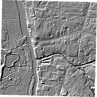 Shaded relief map of the ground around PE192AH, computed from Environment Agency LiDAR. The ground here sits at about 16 m above sea level and falls 5 m across the surrounding 800 m. Surface water reaching this point runs off ground lying to the west-north-west, 1.2 m higher.
