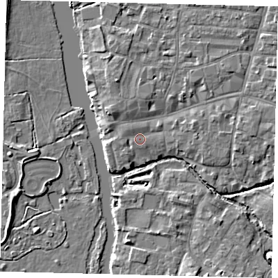 Shaded relief map of the ground around PE192AJ, computed from Environment Agency LiDAR. The ground here sits at about 16 m above sea level and falls 5 m across the surrounding 800 m. Surface water reaching this point runs off ground lying to the north-west, 1.2 m higher.