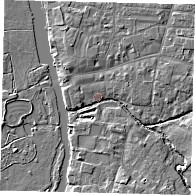 Shaded relief map of the ground around PE192AL, computed from Environment Agency LiDAR. The ground here sits at about 15 m above sea level and falls 5 m across the surrounding 800 m. Surface water reaching this point runs off ground lying to the south-south-east, 5.1 m higher.
