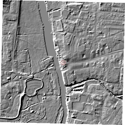 Shaded relief map of the ground around PE192AP, computed from Environment Agency LiDAR. The ground here sits at about 16 m above sea level and falls 5 m across the surrounding 800 m. Surface water reaching this point runs off ground lying to the south-south-east, 3.3 m higher.