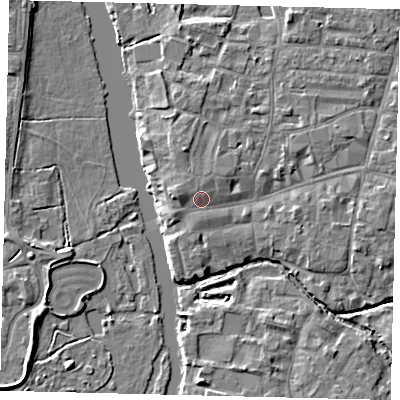 Shaded relief map of the ground around PE192AR, computed from Environment Agency LiDAR. The ground here sits at about 16 m above sea level and falls 4 m across the surrounding 800 m. Surface water reaching this point runs off ground lying to the west, 1.8 m higher.