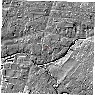 Shaded relief map of the ground around PE192BB, computed from Environment Agency LiDAR. The ground here sits at about 17 m above sea level and falls 6 m across the surrounding 800 m. Surface water reaching this point runs off ground lying to the north-north-east, 0.7 m higher.