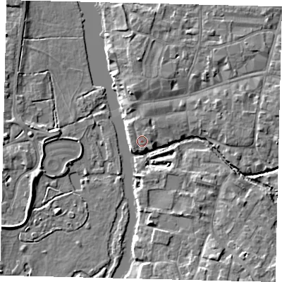 Shaded relief map of the ground around PE192BG, computed from Environment Agency LiDAR. The ground here sits at about 16 m above sea level and falls 5 m across the surrounding 800 m. Surface water reaching this point runs off ground lying to the south-west, 0.6 m higher.
