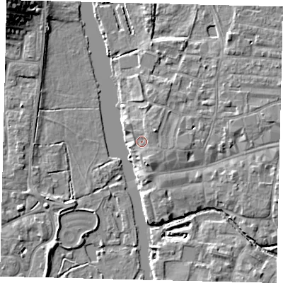 Shaded relief map of the ground around PE192BH, computed from Environment Agency LiDAR. The ground here sits at about 16 m above sea level and falls 12 m across the surrounding 800 m. Surface water reaching this point runs off ground lying to the south-south-east, 1.5 m higher.