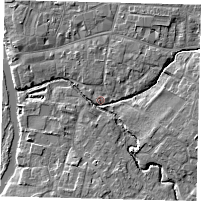 Shaded relief map of the ground around PE192BL, computed from Environment Agency LiDAR. The ground here sits at about 15 m above sea level and falls 6 m across the surrounding 800 m. Surface water reaching this point runs off ground lying to the east-south-east, 5.2 m higher.