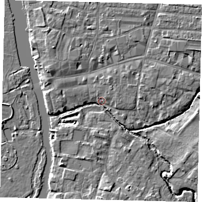 Shaded relief map of the ground around PE192BP, computed from Environment Agency LiDAR. The ground here sits at about 15 m above sea level and falls 5 m across the surrounding 800 m. Surface water reaching this point runs off ground lying to the south, 5.1 m higher.