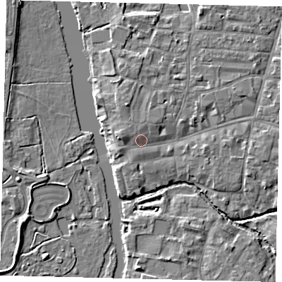 Shaded relief map of the ground around PE192BQ, computed from Environment Agency LiDAR. The ground here sits at about 16 m above sea level and falls 4 m across the surrounding 800 m. Surface water reaching this point runs off ground lying to the west, 2.0 m higher.
