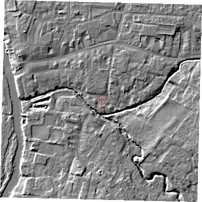 Shaded relief map of the ground around PE192BS, computed from Environment Agency LiDAR. The ground here sits at about 15 m above sea level and falls 6 m across the surrounding 800 m. Surface water reaching this point runs off ground lying to the north-north-east, 1.5 m higher.
