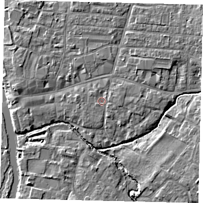 Shaded relief map of the ground around PE192BU, computed from Environment Agency LiDAR. The ground here sits at about 16 m above sea level and falls 6 m across the surrounding 800 m. Surface water reaching this point runs off ground lying to the north-north-west, 0.9 m higher.
