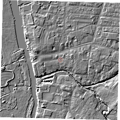 Shaded relief map of the ground around PE192BW, computed from Environment Agency LiDAR. The ground here sits at about 16 m above sea level and falls 5 m across the surrounding 800 m. Surface water reaching this point runs off ground lying to the west-north-west, 2.6 m higher.