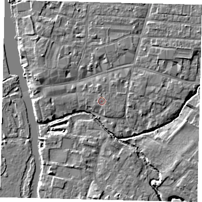 Shaded relief map of the ground around PE192BY, computed from Environment Agency LiDAR. The ground here sits at about 16 m above sea level and falls 5 m across the surrounding 800 m. Surface water reaching this point runs off ground lying to the east-south-east, 0.5 m higher.