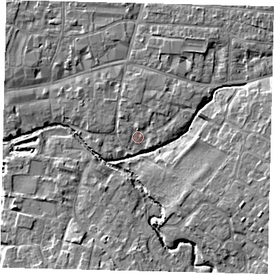 Shaded relief map of the ground around PE192BZ, computed from Environment Agency LiDAR. The ground here sits at about 16 m above sea level and falls 6 m across the surrounding 800 m. Surface water reaching this point runs off ground lying to the north, 1.7 m higher.