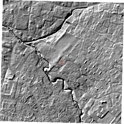 Shaded relief map of the ground around PE192DA, computed from Environment Agency LiDAR. The ground here sits at about 18 m above sea level and falls 8 m across the surrounding 800 m. Surface water reaching this point runs off ground lying to the north-east, 0.9 m higher.