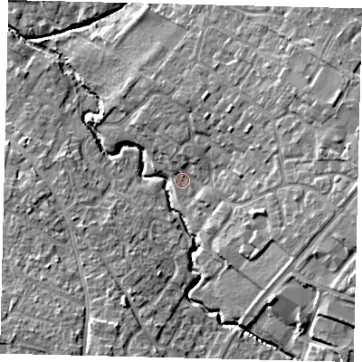Shaded relief map of the ground around PE192DJ, computed from Environment Agency LiDAR. The ground here sits at about 16 m above sea level and falls 10 m across the surrounding 800 m. Surface water reaching this point runs off ground lying to the north-north-east, 2.5 m higher.