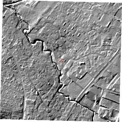 Shaded relief map of the ground around PE192DL, computed from Environment Agency LiDAR. The ground here sits at about 16 m above sea level and falls 11 m across the surrounding 800 m. Surface water reaching this point runs off ground lying to the east, 7.7 m higher.