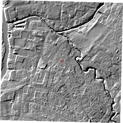 Shaded relief map of the ground around PE192DP, computed from Environment Agency LiDAR. The ground here sits at about 17 m above sea level and falls 7 m across the surrounding 800 m. Surface water reaching this point runs off ground lying to the south, 1.7 m higher.