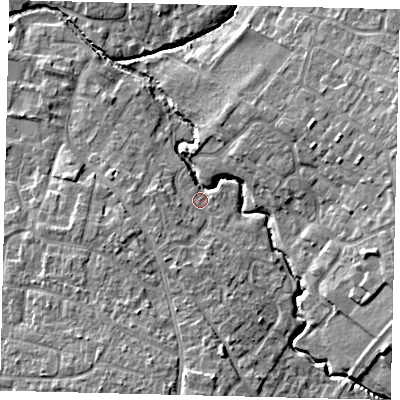 Shaded relief map of the ground around PE192DR, computed from Environment Agency LiDAR. The ground here sits at about 16 m above sea level and falls 8 m across the surrounding 800 m. Surface water reaching this point runs off ground lying to the south, 7.7 m higher.