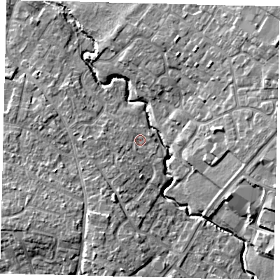 Shaded relief map of the ground around PE192DT, computed from Environment Agency LiDAR. The ground here sits at about 16 m above sea level and falls 9 m across the surrounding 800 m. Surface water reaching this point runs off ground lying to the south-west, 2.6 m higher.