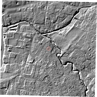 Shaded relief map of the ground around PE192DW, computed from Environment Agency LiDAR. The ground here sits at about 16 m above sea level and falls 6 m across the surrounding 800 m. Surface water reaching this point runs off ground lying to the west, 0.9 m higher.