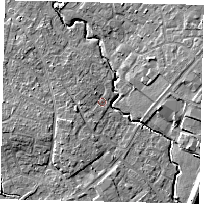 Shaded relief map of the ground around PE192EB, computed from Environment Agency LiDAR. The ground here sits at about 17 m above sea level and falls 10 m across the surrounding 800 m. Surface water reaching this point runs off ground lying to the south-west, 4.8 m higher.