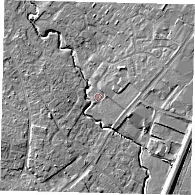 Shaded relief map of the ground around PE192ED, computed from Environment Agency LiDAR. The ground here sits at about 16 m above sea level and falls 11 m across the surrounding 800 m. Surface water reaching this point runs off ground lying to the east-north-east, 6.1 m higher.
