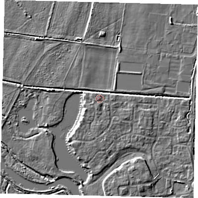 Shaded relief map of the ground around PE192GA, computed from Environment Agency LiDAR. The ground here sits at about 17 m above sea level and falls 5 m across the surrounding 800 m. Surface water reaching this point runs off ground lying to the south, 0.5 m higher.