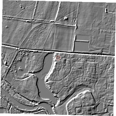 Shaded relief map of the ground around PE192GB, computed from Environment Agency LiDAR. The ground here sits at about 17 m above sea level and falls 5 m across the surrounding 800 m. Surface water reaching this point runs off ground lying to the east-north-east, 1.6 m higher.