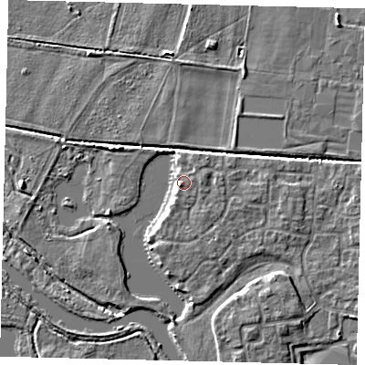Shaded relief map of the ground around PE192GD, computed from Environment Agency LiDAR. The ground here sits at about 17 m above sea level and falls 5 m across the surrounding 800 m. Surface water reaching this point runs off ground lying to the east-north-east, 1.8 m higher.