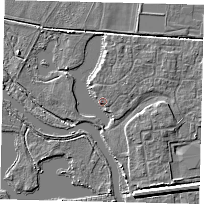 Shaded relief map of the ground around PE192GE, computed from Environment Agency LiDAR. The ground here sits at about 17 m above sea level and falls 6 m across the surrounding 800 m. Surface water reaching this point runs off ground lying to the east-south-east, 3.5 m higher.