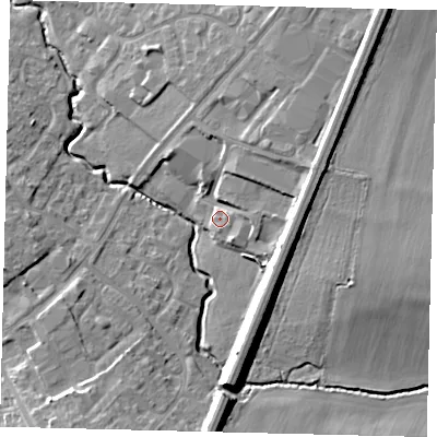 Shaded relief map of the ground around PE192HB, computed from Environment Agency LiDAR. The ground here sits at about 19 m above sea level and falls 12 m across the surrounding 800 m. Surface water reaching this point runs off ground lying to the east, 3.3 m higher.