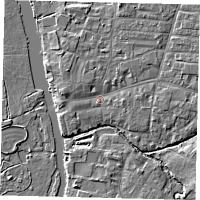 Shaded relief map of the ground around PE192HL, computed from Environment Agency LiDAR. The ground here sits at about 15 m above sea level and falls 4 m across the surrounding 800 m. Surface water reaching this point runs off ground lying to the west, 2.6 m higher.