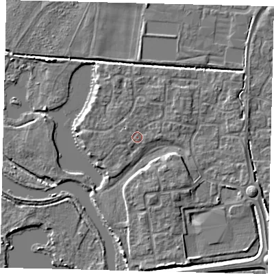 Shaded relief map of the ground around PE192HQ, computed from Environment Agency LiDAR. The ground here sits at about 17 m above sea level and falls 6 m across the surrounding 800 m. Surface water reaching this point runs off ground lying to the north-east, 1.2 m higher.