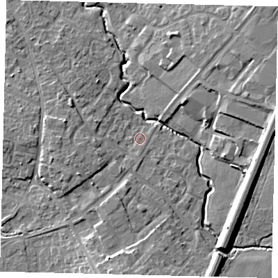 Shaded relief map of the ground around PE192JF, computed from Environment Agency LiDAR. The ground here sits at about 17 m above sea level and falls 11 m across the surrounding 800 m. Surface water reaching this point runs off ground lying to the west-south-west, 5.7 m higher.