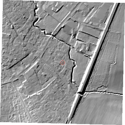 Shaded relief map of the ground around PE192JH, computed from Environment Agency LiDAR. The ground here sits at about 17 m above sea level and falls 12 m across the surrounding 800 m. Surface water reaching this point runs off ground lying to the west-north-west, 2.3 m higher.