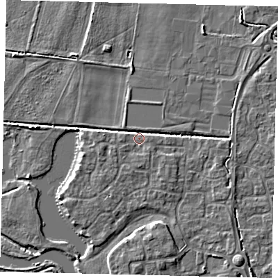Shaded relief map of the ground around PE192JP, computed from Environment Agency LiDAR. The ground here sits at about 17 m above sea level and falls 6 m across the surrounding 800 m. Surface water reaching this point runs off ground lying to the south-east, 3.1 m higher.