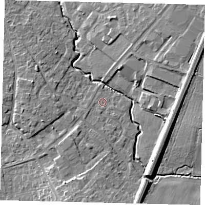Shaded relief map of the ground around PE192JQ, computed from Environment Agency LiDAR. The ground here sits at about 17 m above sea level and falls 12 m across the surrounding 800 m. Surface water reaching this point runs off ground lying to the south-west, 2.4 m higher.