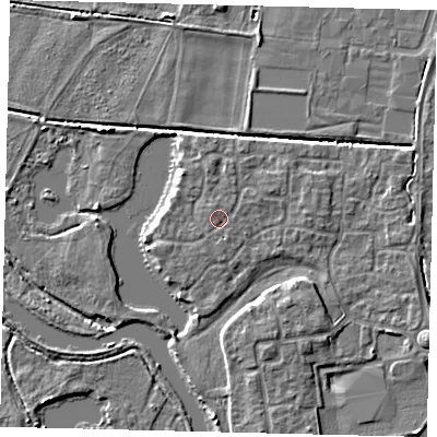 Shaded relief map of the ground around PE192JT, computed from Environment Agency LiDAR. The ground here sits at about 17 m above sea level and falls 5 m across the surrounding 800 m. Surface water reaching this point runs off ground lying to the south, 0.8 m higher.