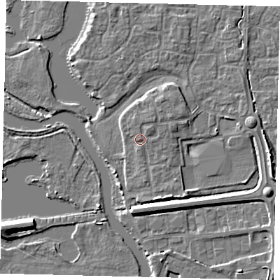 Shaded relief map of the ground around PE192LE, computed from Environment Agency LiDAR. The ground here sits at about 18 m above sea level and falls 7 m across the surrounding 800 m. Surface water reaching this point runs off ground lying to the north-east, 1.1 m higher.