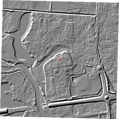 Shaded relief map of the ground around PE192LF, computed from Environment Agency LiDAR. The ground here sits at about 18 m above sea level and falls 7 m across the surrounding 800 m. Surface water reaching this point runs off ground lying to the south-south-east, 0.6 m higher.